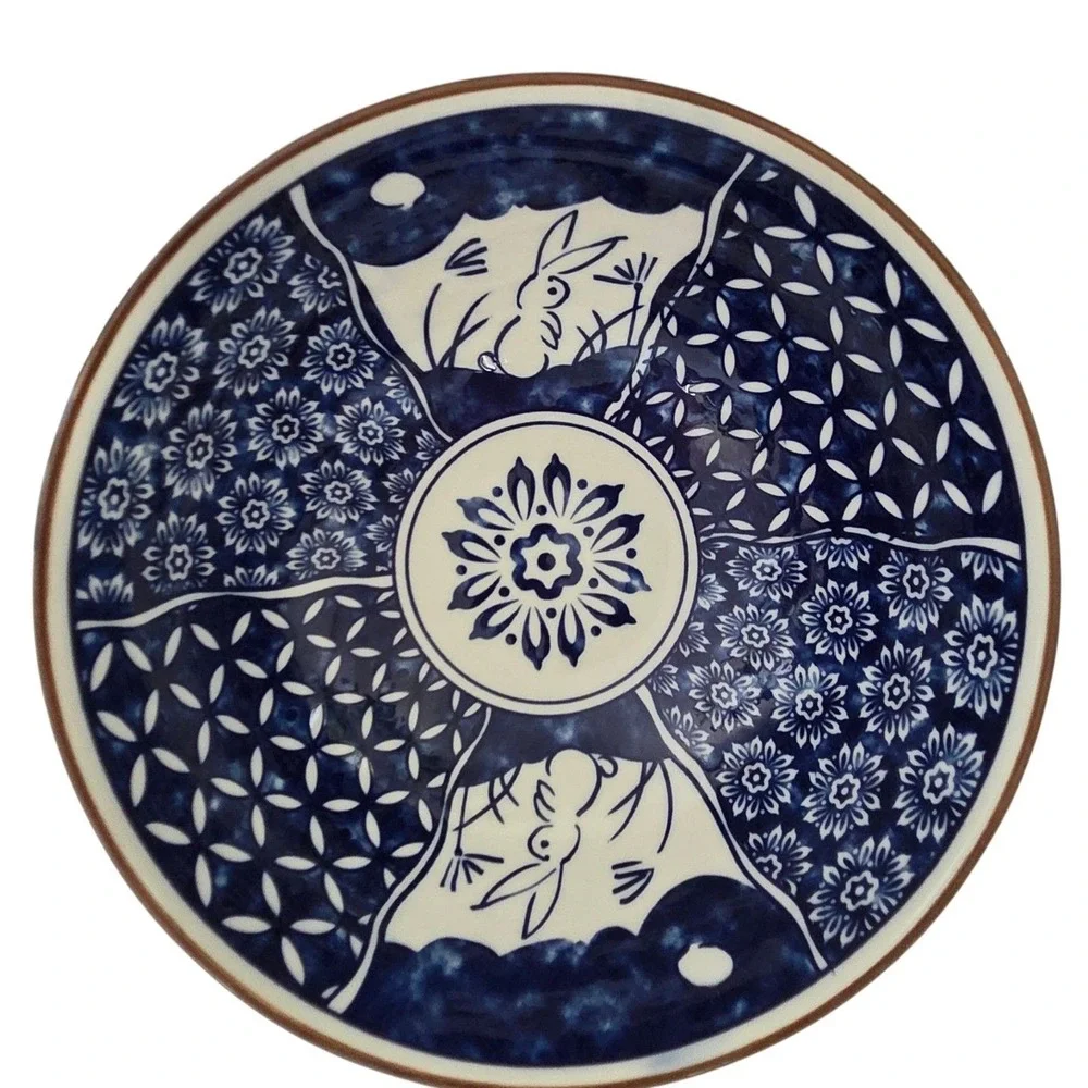 SH Home Ceramic Ramen Noodle Bowl Set with Chopsticks & Spoon Blue White Rabbits
